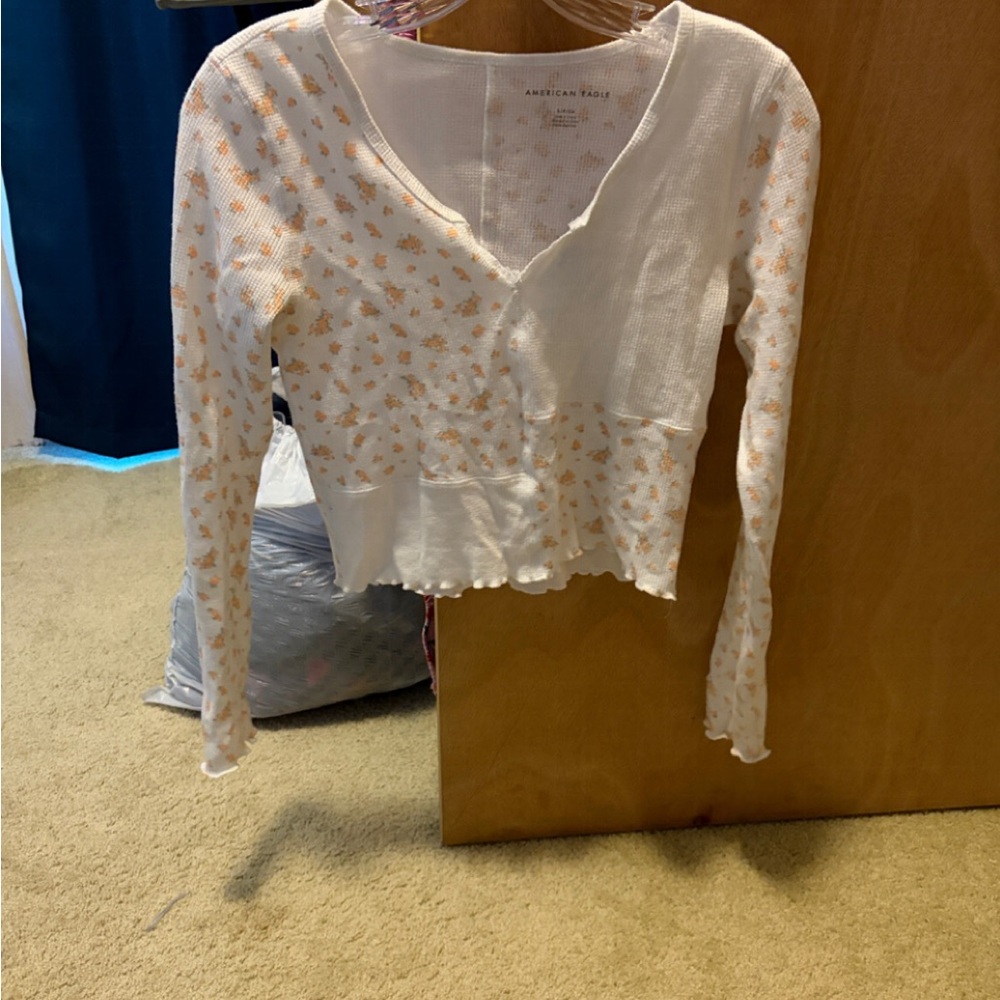 American Eagle Outfitters White and Orange Floral Long Sleeve Top
